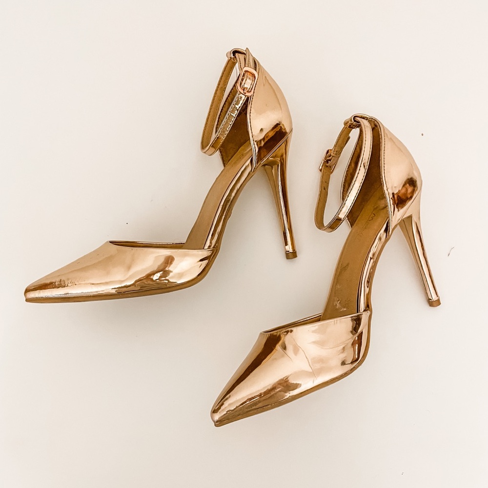 Anne Michelle Rose Gold Metallic Ankle Strap Heels